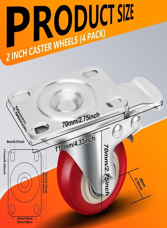 PUIPUM Caster Wheels 2 Inch, Heavy Duty Caster Wheels Set of 4, Swivel Castor Wheels with Dual Locking Brakes, Silent Polyurethane (PU), 360° Rotation, for Furniture and Workbench, Load 600lbs - Image 2